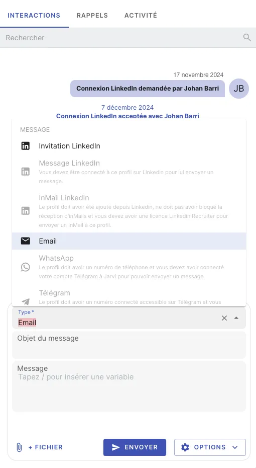 Example of sending a LinkedIn message to a candidate from Jarvi