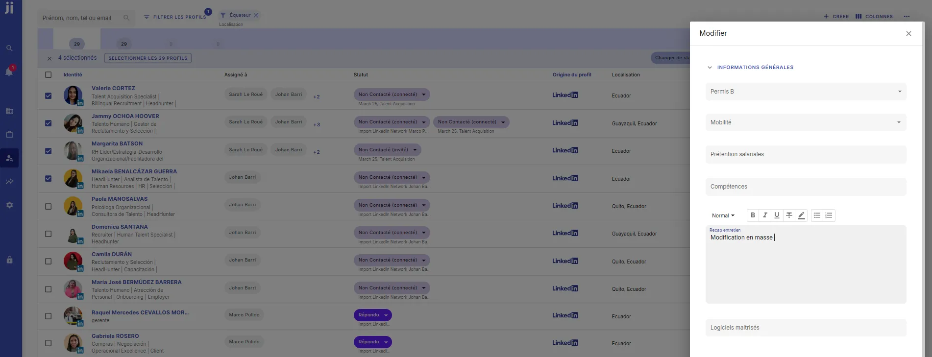 Modify information on multiple selected profiles simultaneously in Jarvi