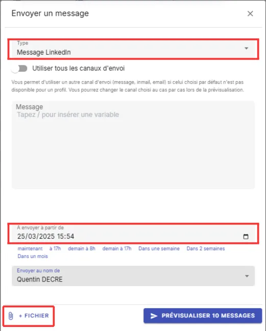 Choosing a message template and scheduling the date and time for sending in Jarvi