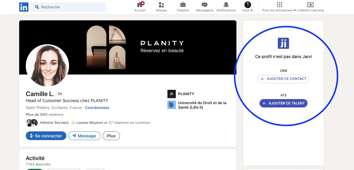 Step to add a profile from LinkedIn to Jarvi