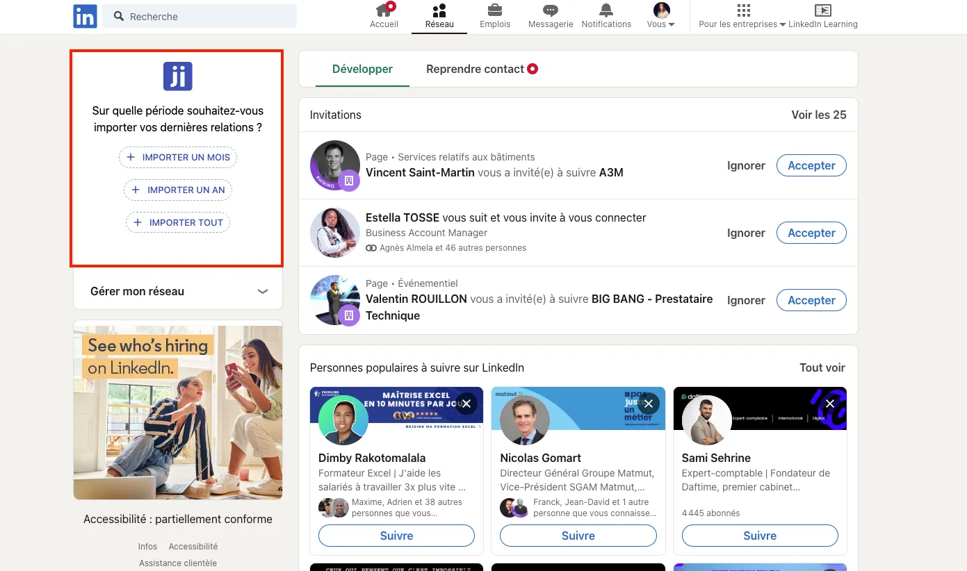Importar toda o parte de tu red de LinkedIn desde la extensión Jarvi