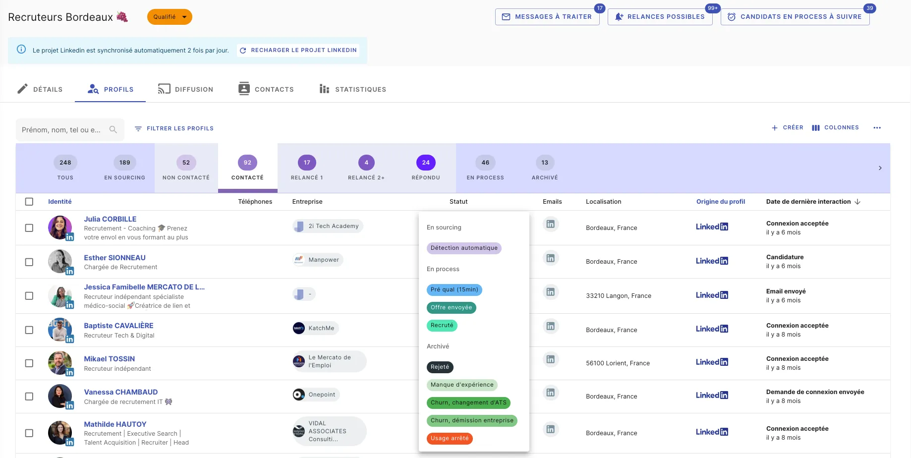 Changing a profile's status from the profiles list in Jarvi