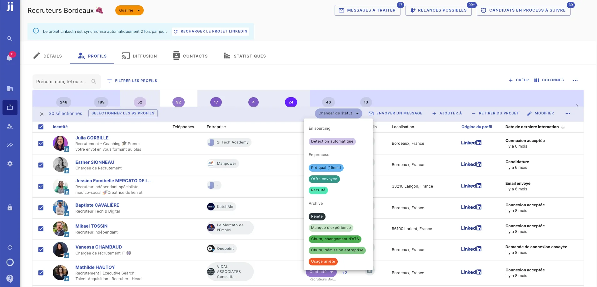 Changing the status of multiple profiles at once in Jarvi