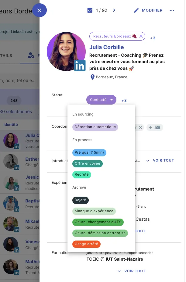Changing a candidate's status from their Jarvi profile page