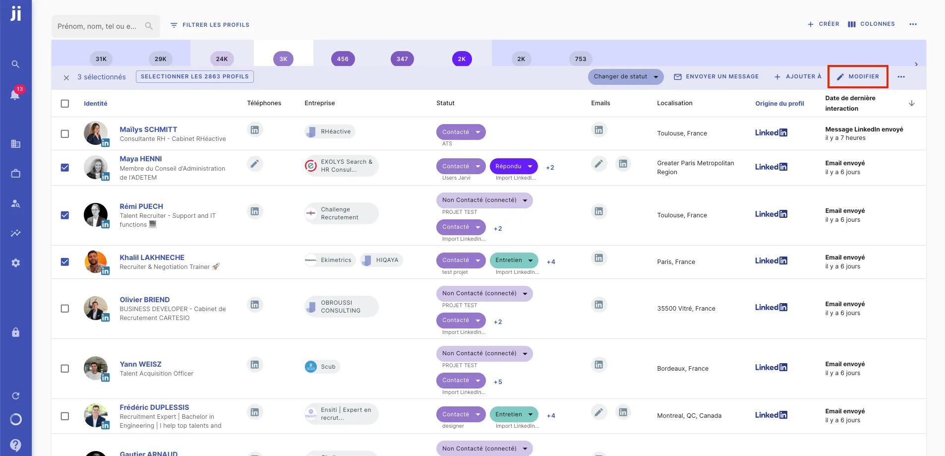 Select multiple profiles to modify in the Jarvi profiles list