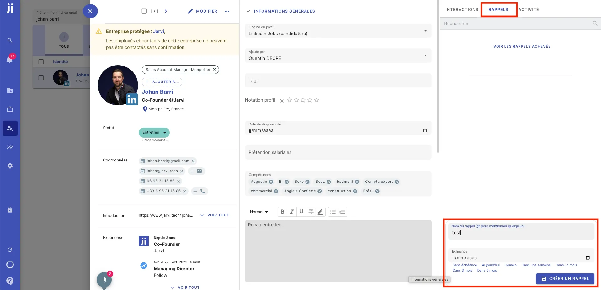Creating a reminder from a candidate's profile card in Jarvi