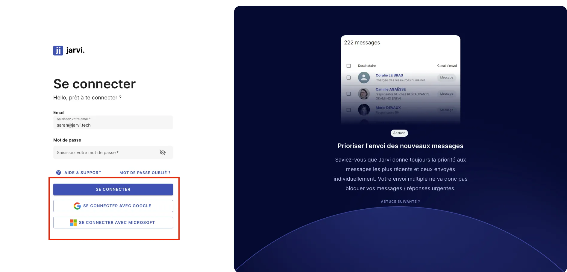 Logging in to Jarvi without a password by selecting Google or Microsoft as the method