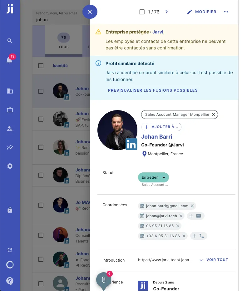 Barra de detección automática de duplicados en un perfil en Jarvi