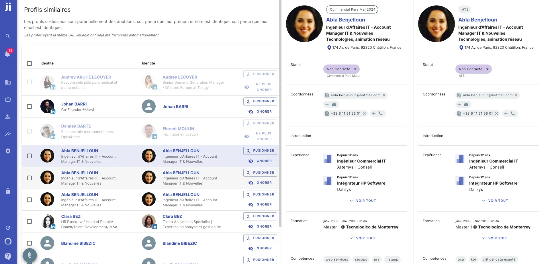 Manage duplicate profiles by merging or ignoring in Jarvi