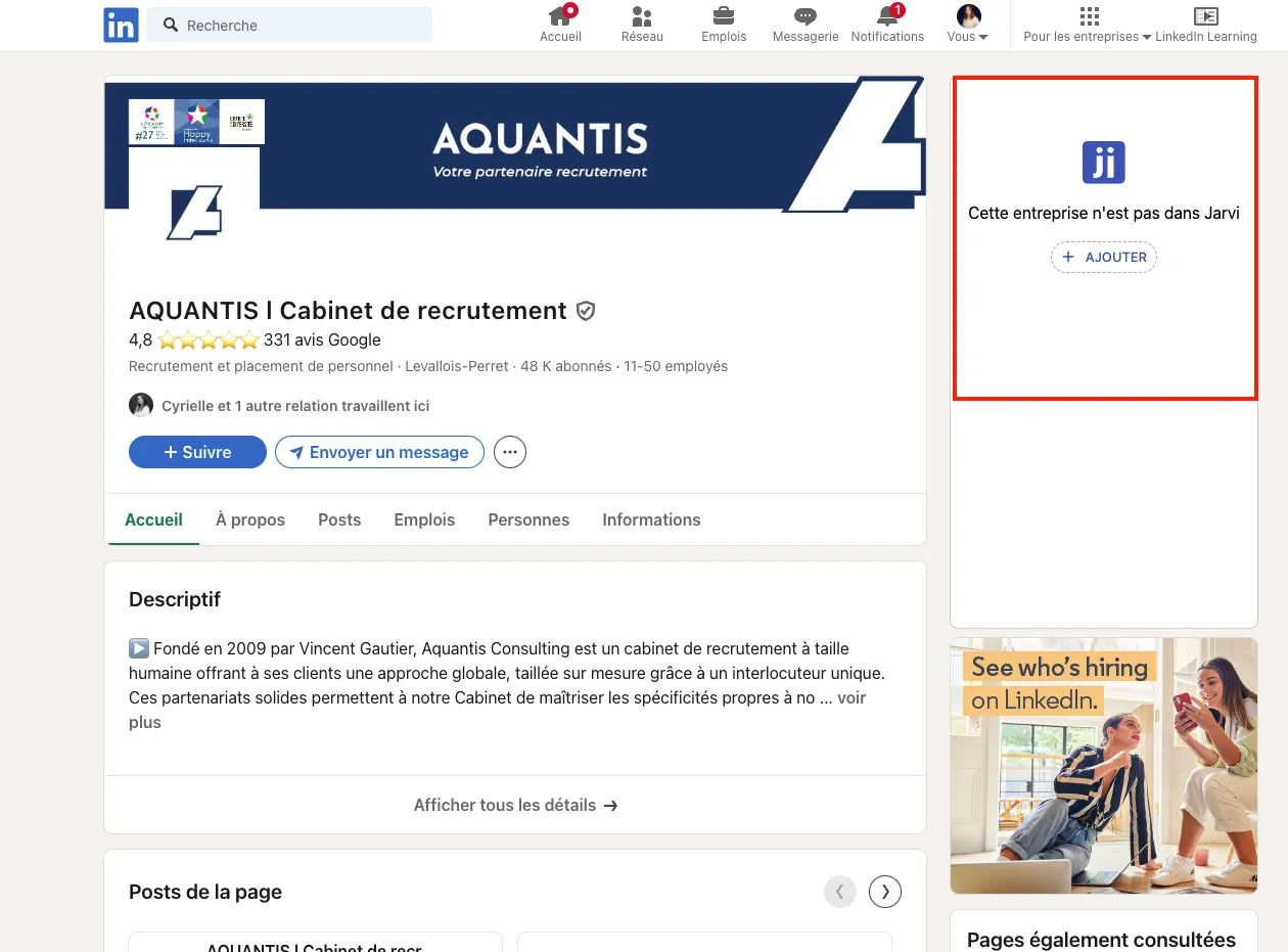Jarvi extension visible on LinkedIn company page