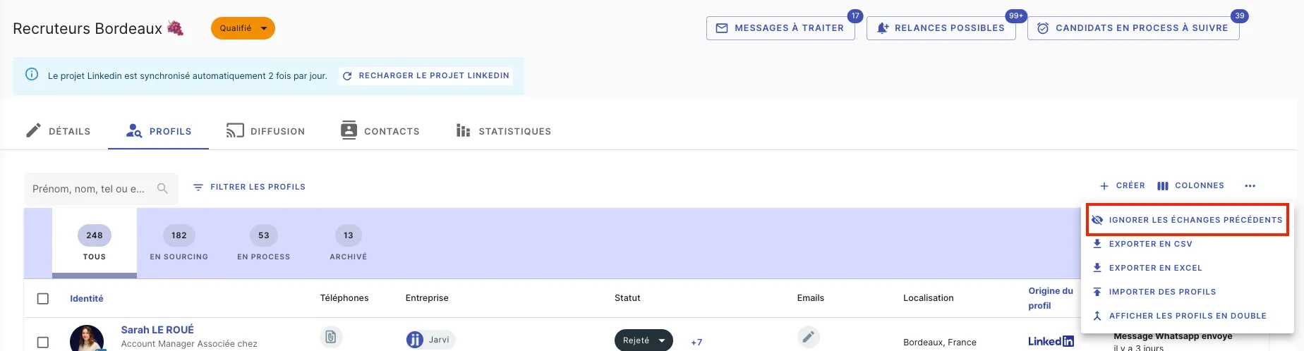 Ignore previous exchanges option accessible via project settings in Jarvi