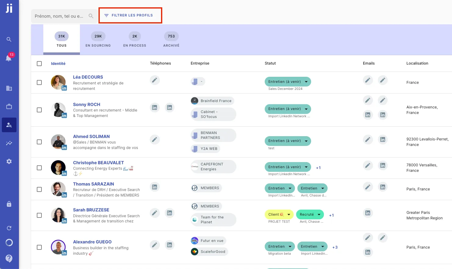Accessing filters from the Talents tab or a project in Jarvi