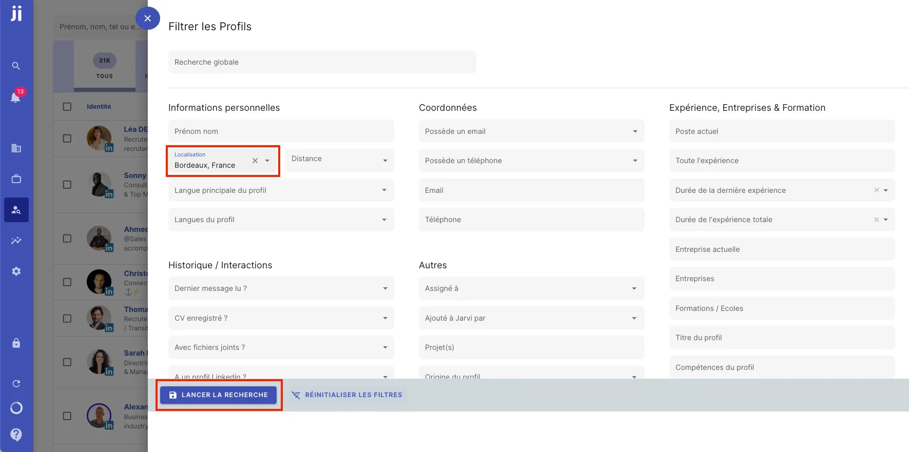 Filtering profiles by location and perimeter in Jarvi