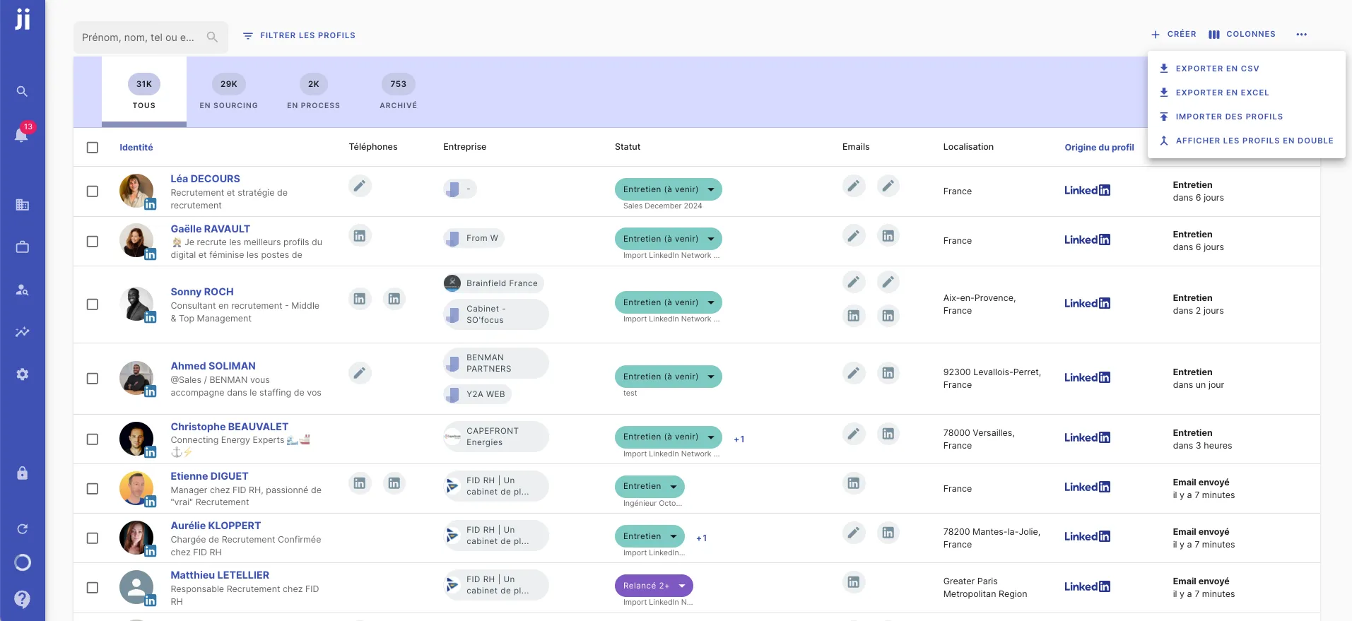 Accessing the Import profiles option via the right menu in Jarvi