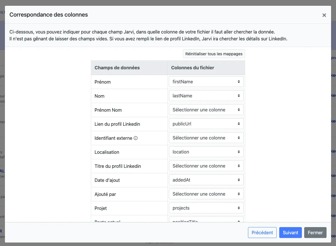 Matching file columns with custom fields in Jarvi