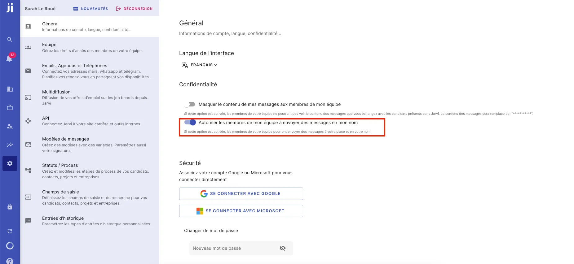 Enabling the option to allow sending messages on behalf of a colleague in Jarvi preferences