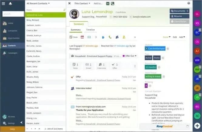 A Crelate contact record showing the activity timeline, interview notes and tags beside the contact list