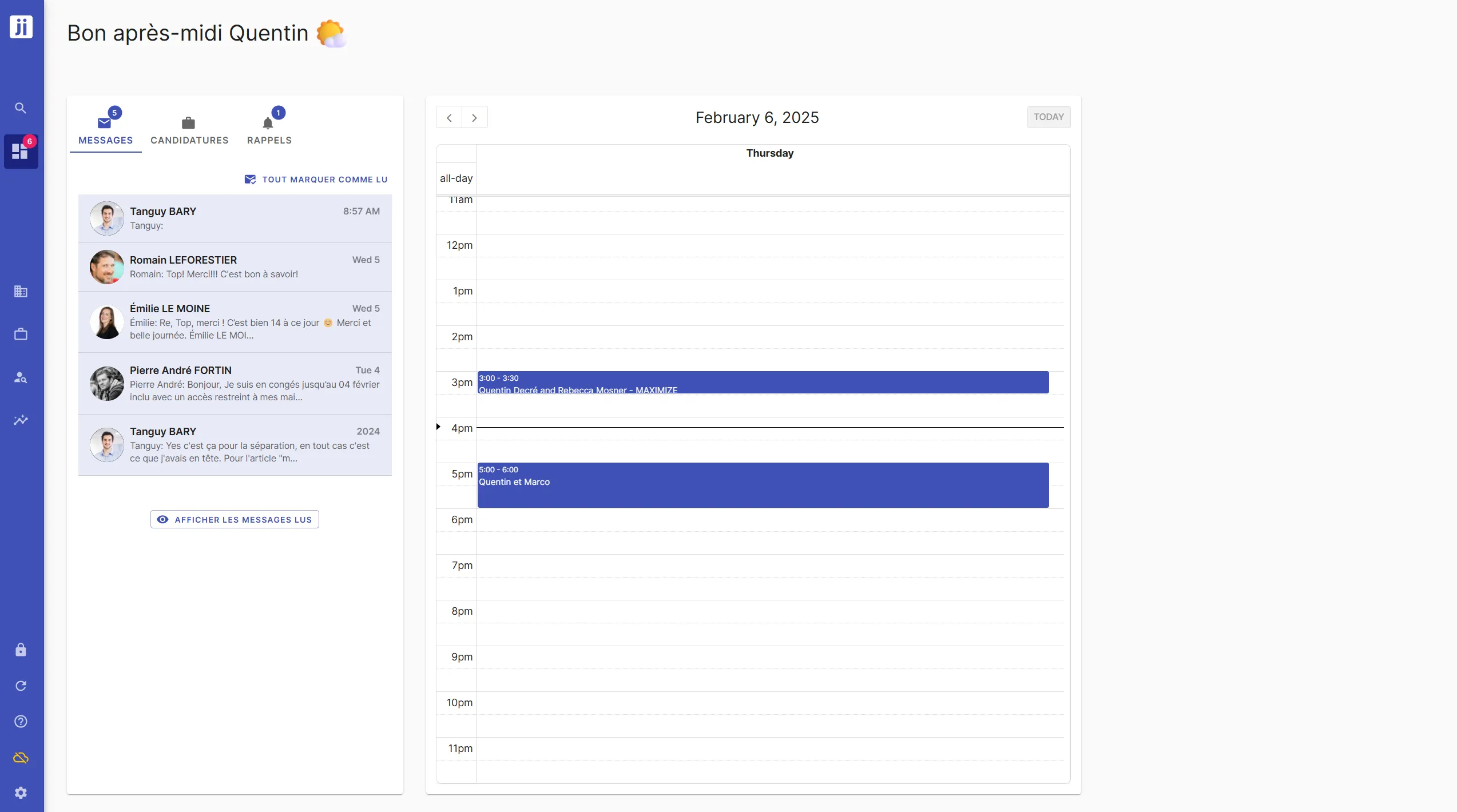 General view of the Jarvi Dashboard with messaging, applications, reminders and calendar