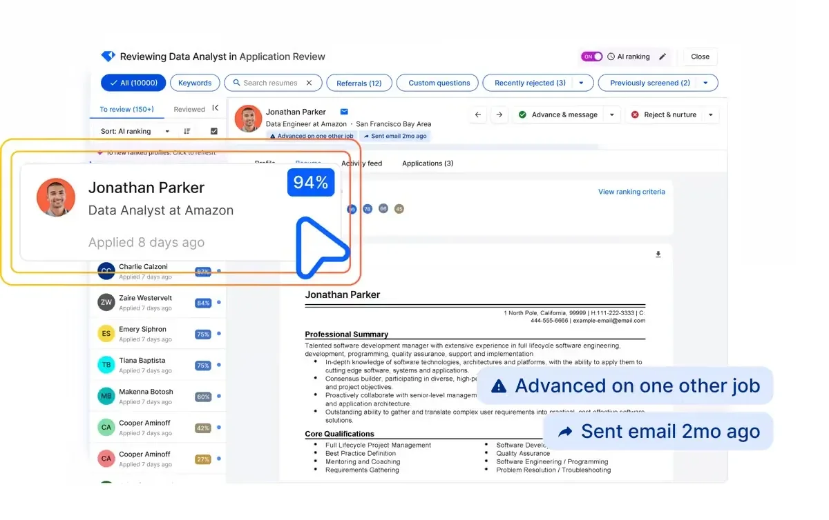 Gem's application review screen, with candidates ranked by AI score and nurture history surfaced on the profile