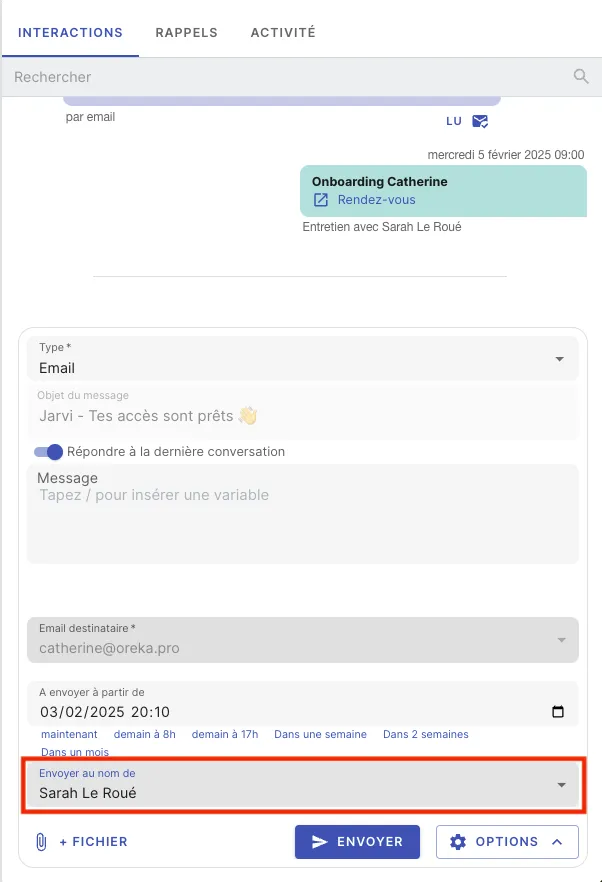 Choose the team member on whose behalf to send a message from a Jarvi profile