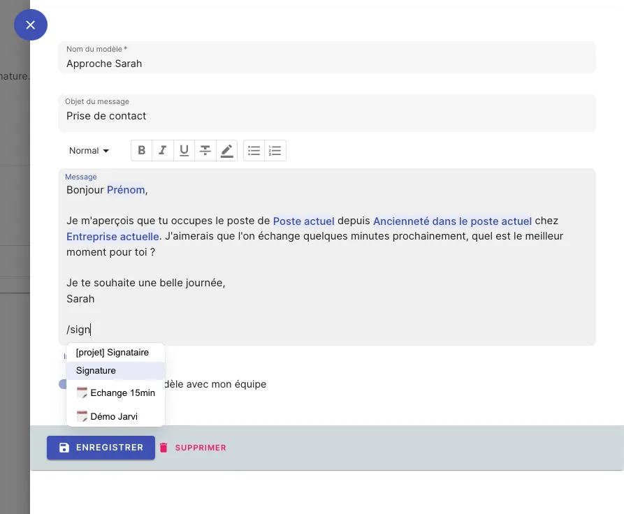 Create or import a custom signature for email or LinkedIn in Jarvi
