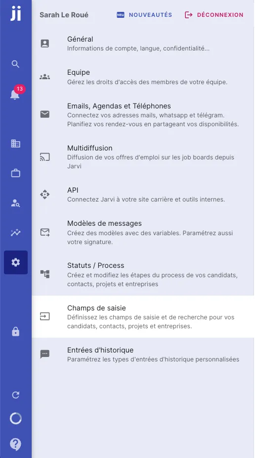 Acceder a la sección Campos de entrada en las preferencias de Jarvi