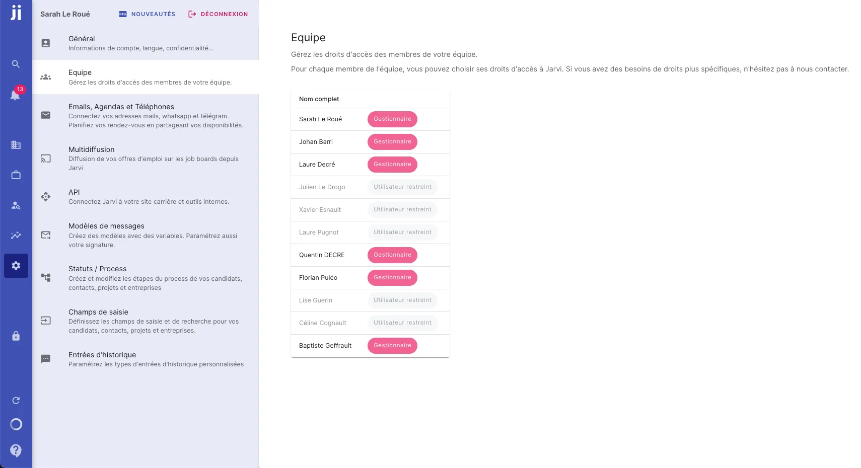 Accessing user permissions management via the Team tab in Jarvi preferences