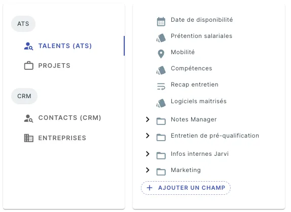 Seleccionar la categoría de campos a personalizar en Jarvi: talentos, empresas o proyectos