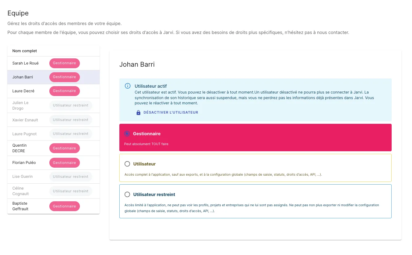 Deactivating a user from the team management interface in Jarvi