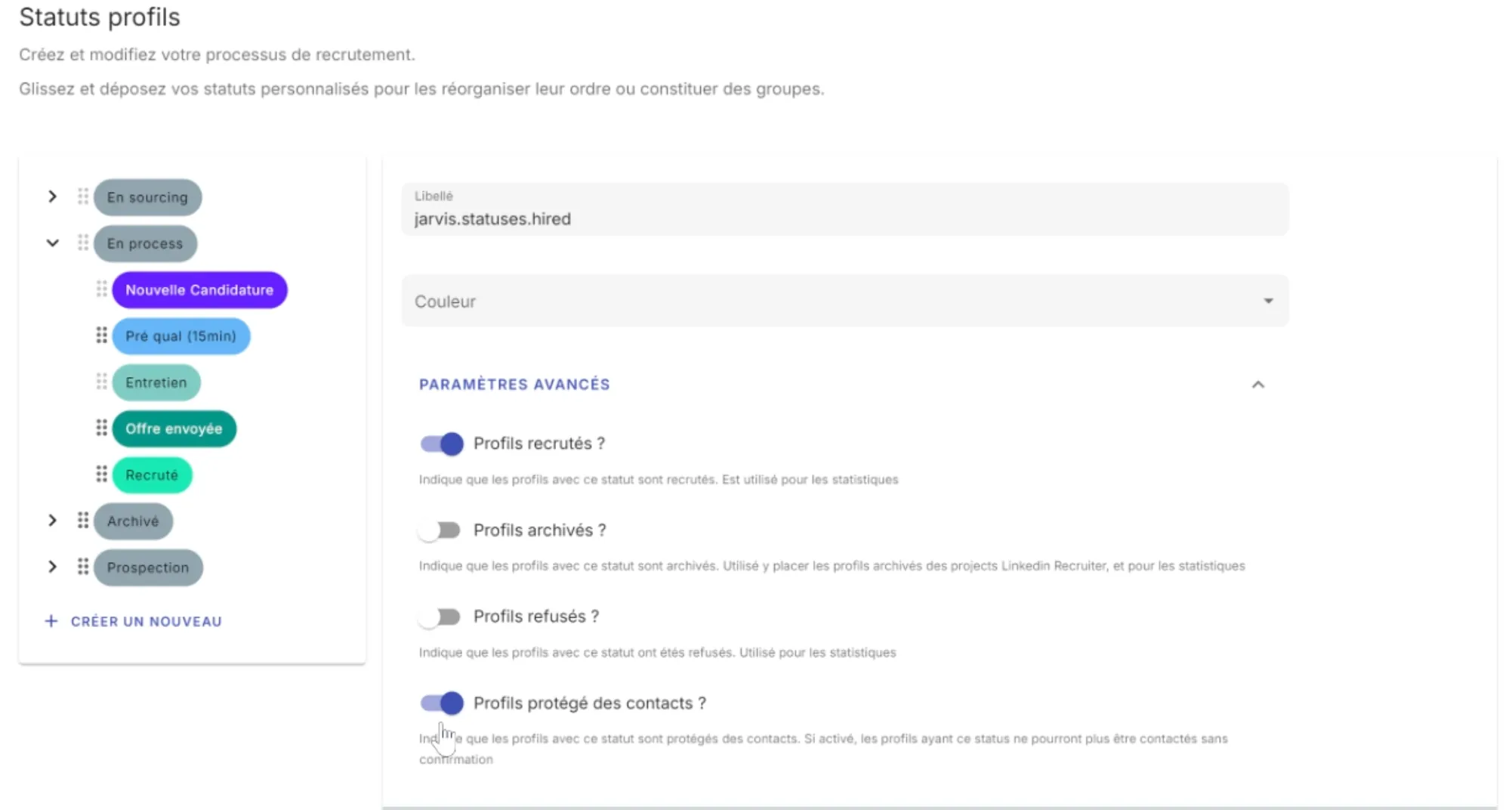 Enabling the Protected profile from contacts option in the status advanced settings