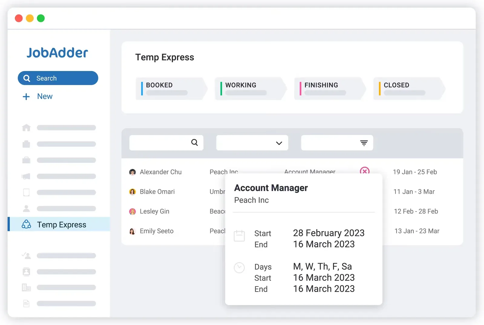 JobAdder's Temp Express screen, with contractors grouped by booking stage and an assignment's dates in a popover