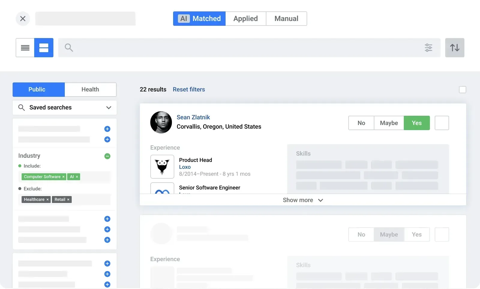 Loxo's AI-matched candidate search, with saved searches and industry filters on the left and ranked profiles on the right