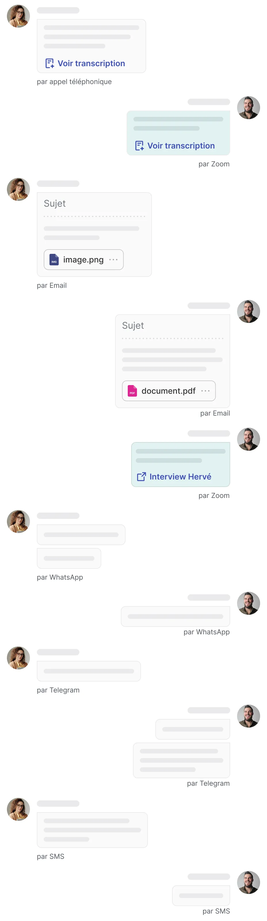 Jarvi AI multi-channel conversation history showing email, WhatsApp and video call history