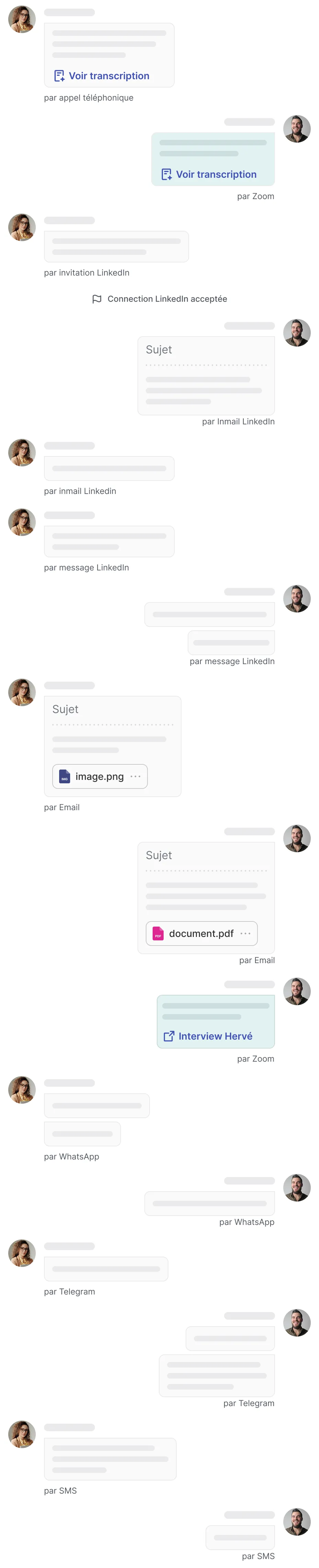 Jarvi AI multi-channel conversation history showing LinkedIn, email, and WhatsApp messages automatically captured