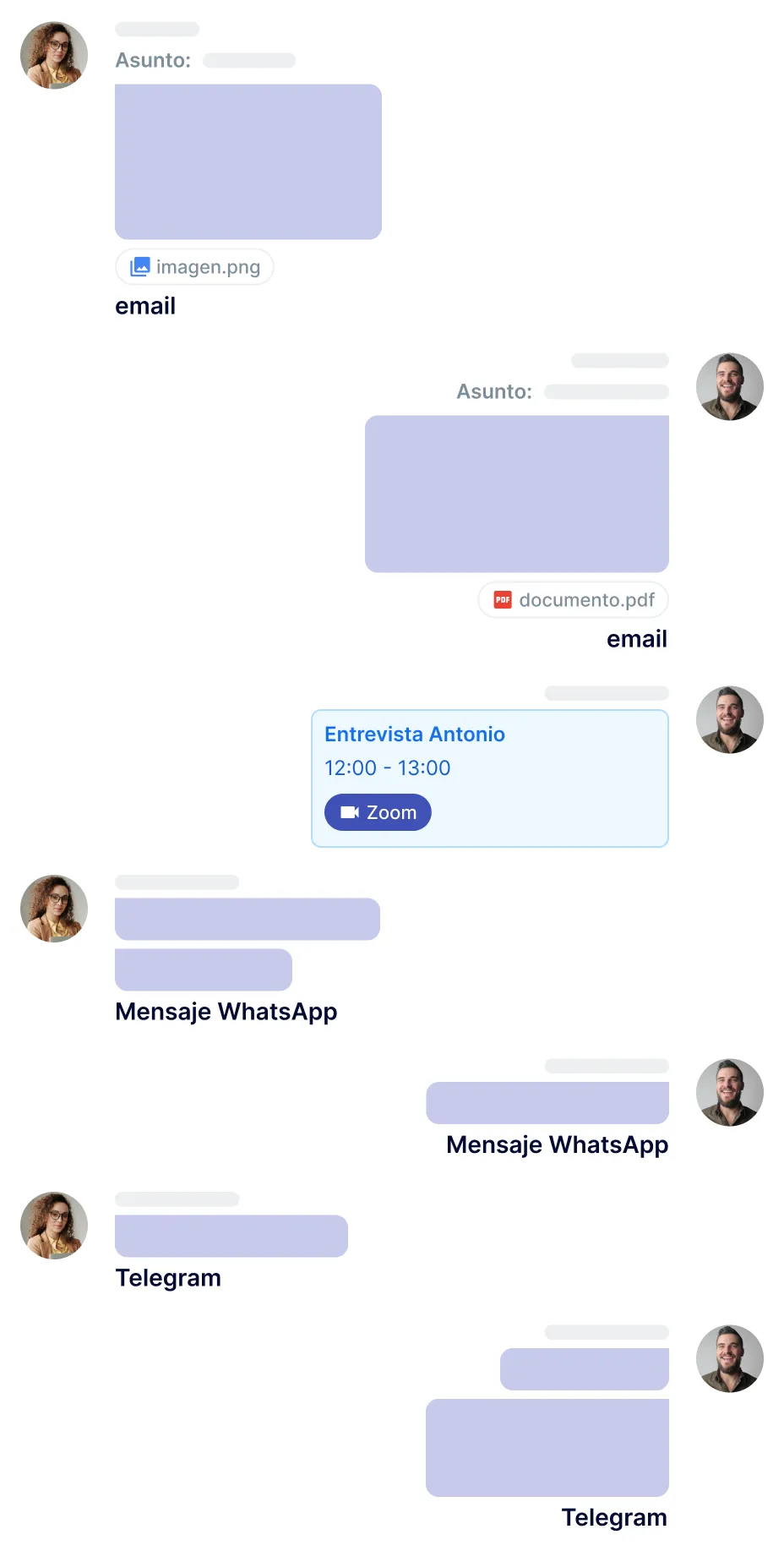 Historial de conversaciones multicanal de Jarvi AI mostrando el historial de emails, mensajes de WhatsApp y videollamadas