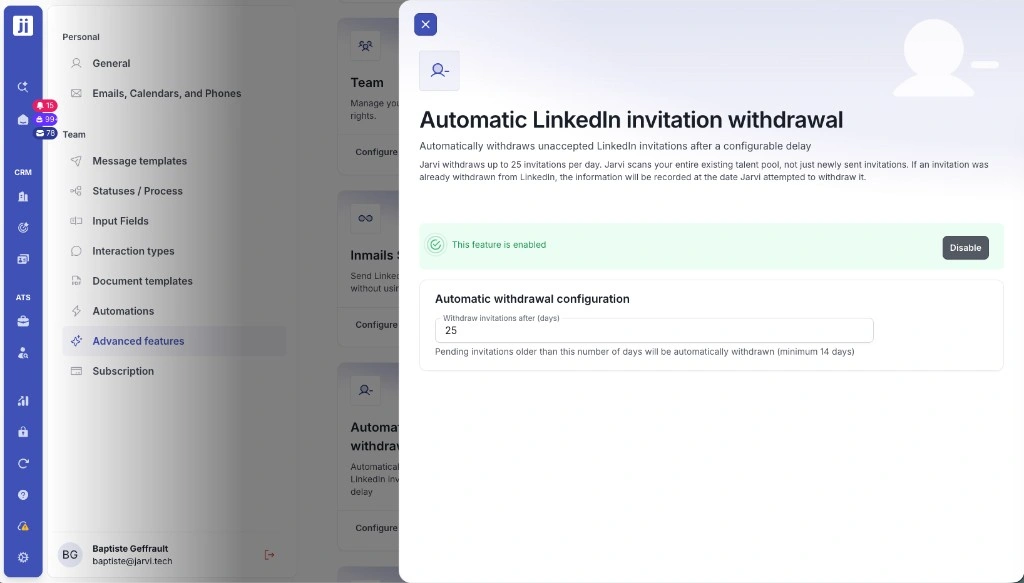 LinkedIn job import and automatic invitation withdrawal