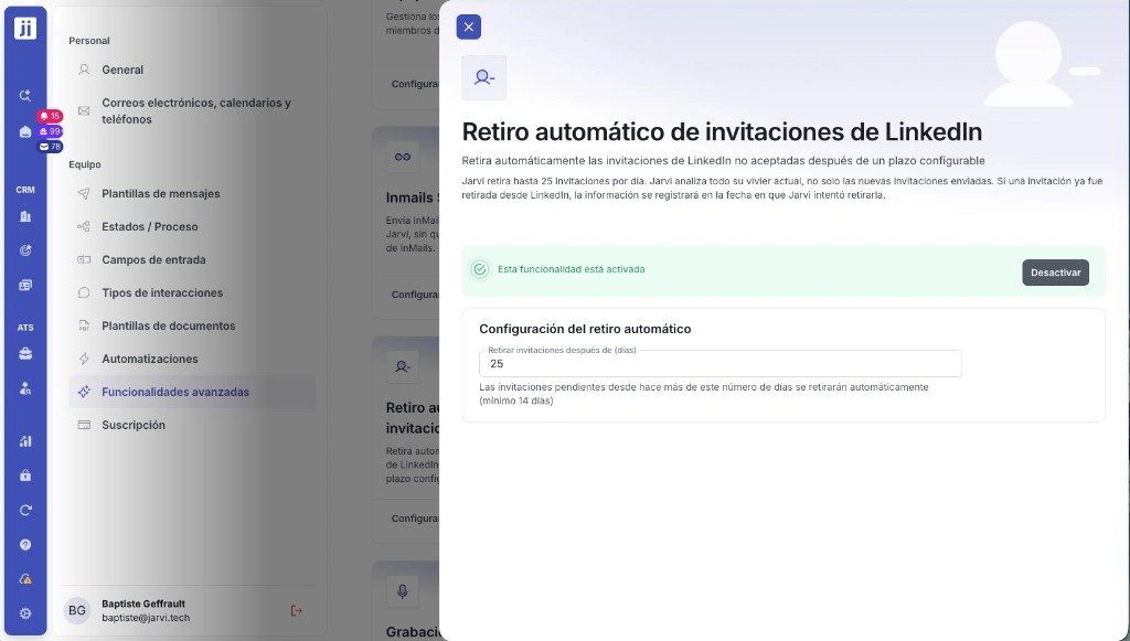 Importación de ofertas LinkedIn y retiro automático de invitaciones