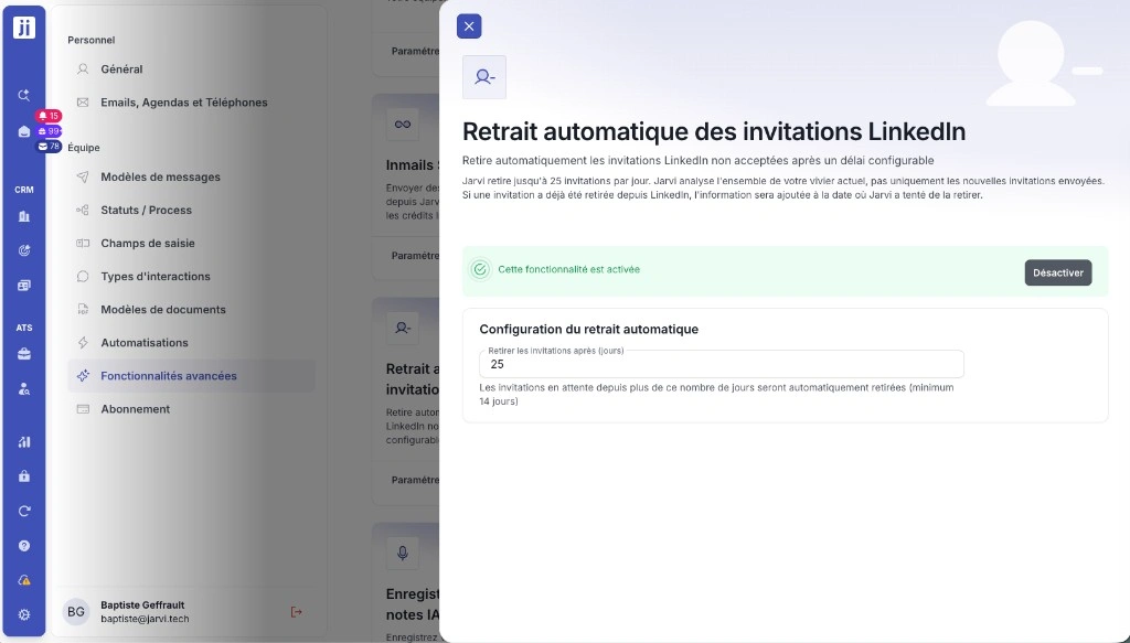 Import d'offres LinkedIn et retrait auto des invitations