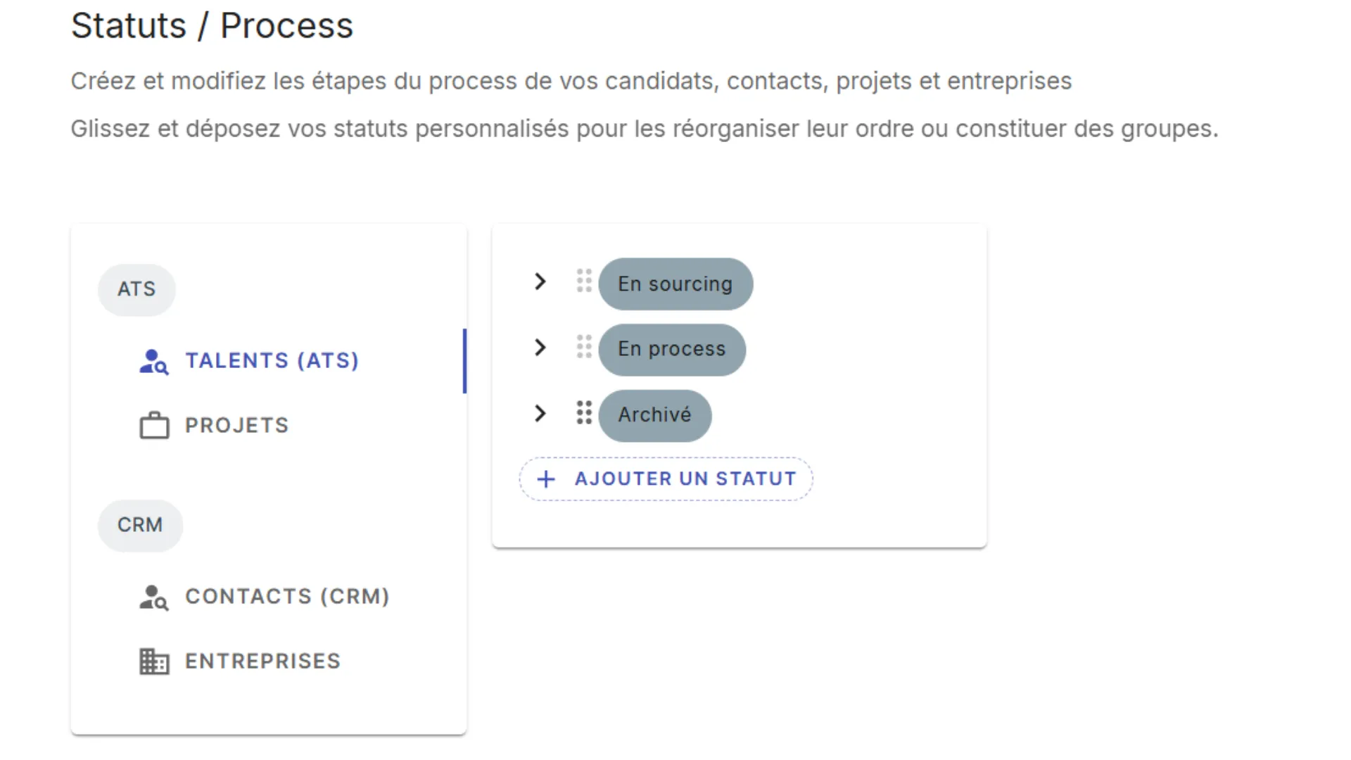 Select the Talents section to customize statuses in Jarvi ATS
