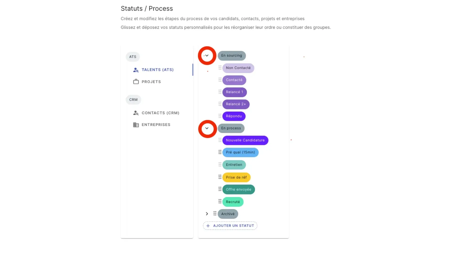 Display the stages of a recruitment process in the In sourcing section of Jarvi