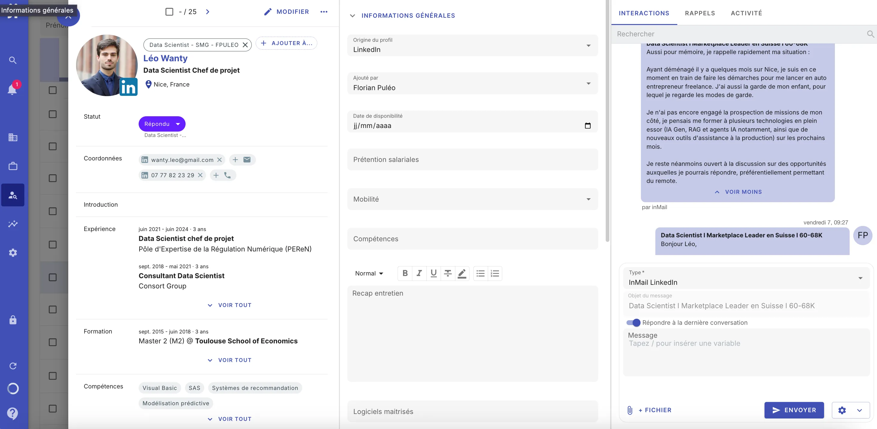 Complete candidate profile with information, interactions and reminders in Jarvi