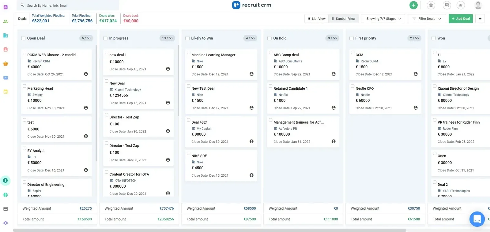 Recruit CRM's deal pipeline in Kanban view, with weighted amounts totalled under each stage