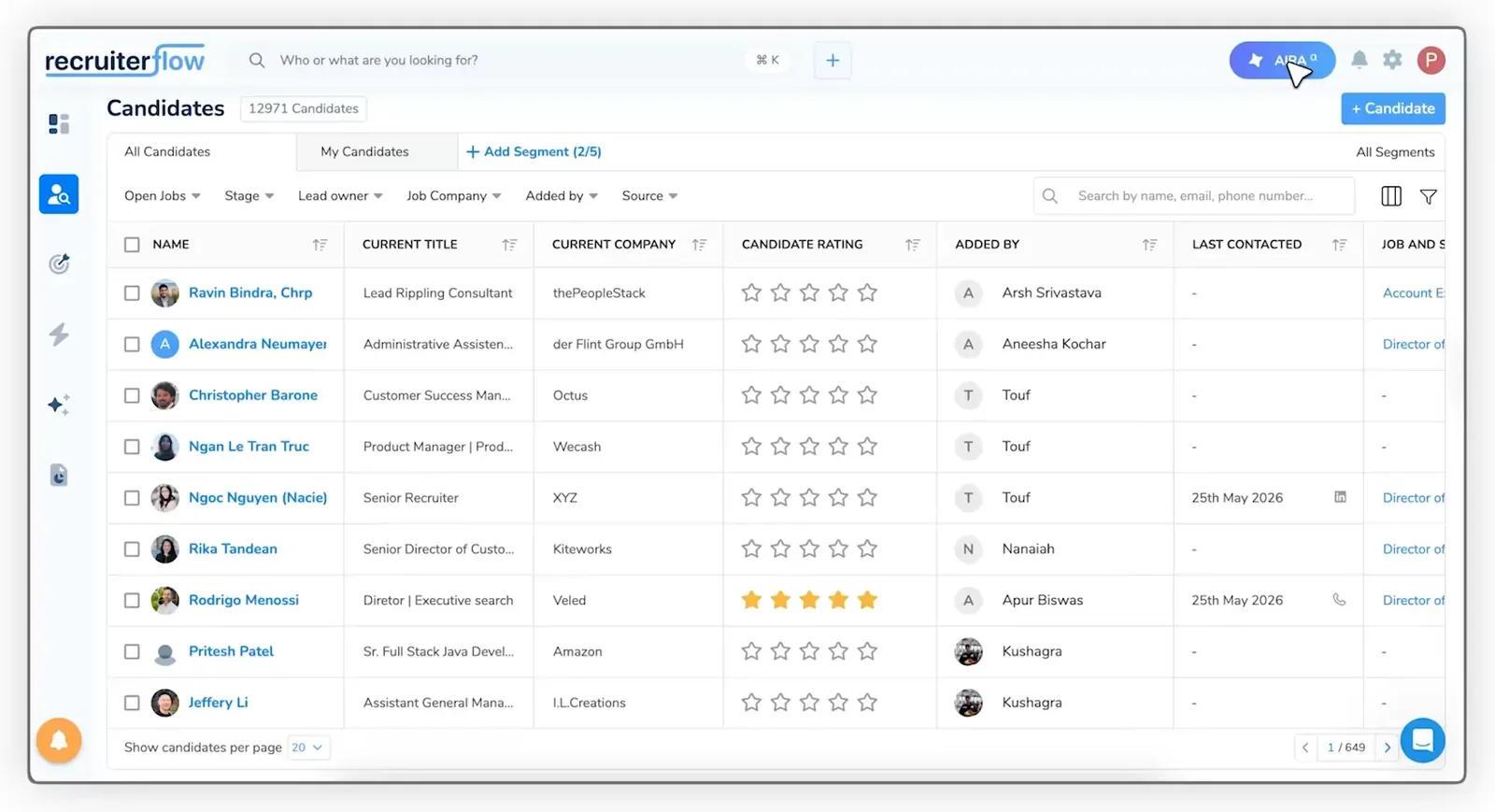 A Recruiterflow candidate list with segments, ratings, owner and last contacted date in sortable columns