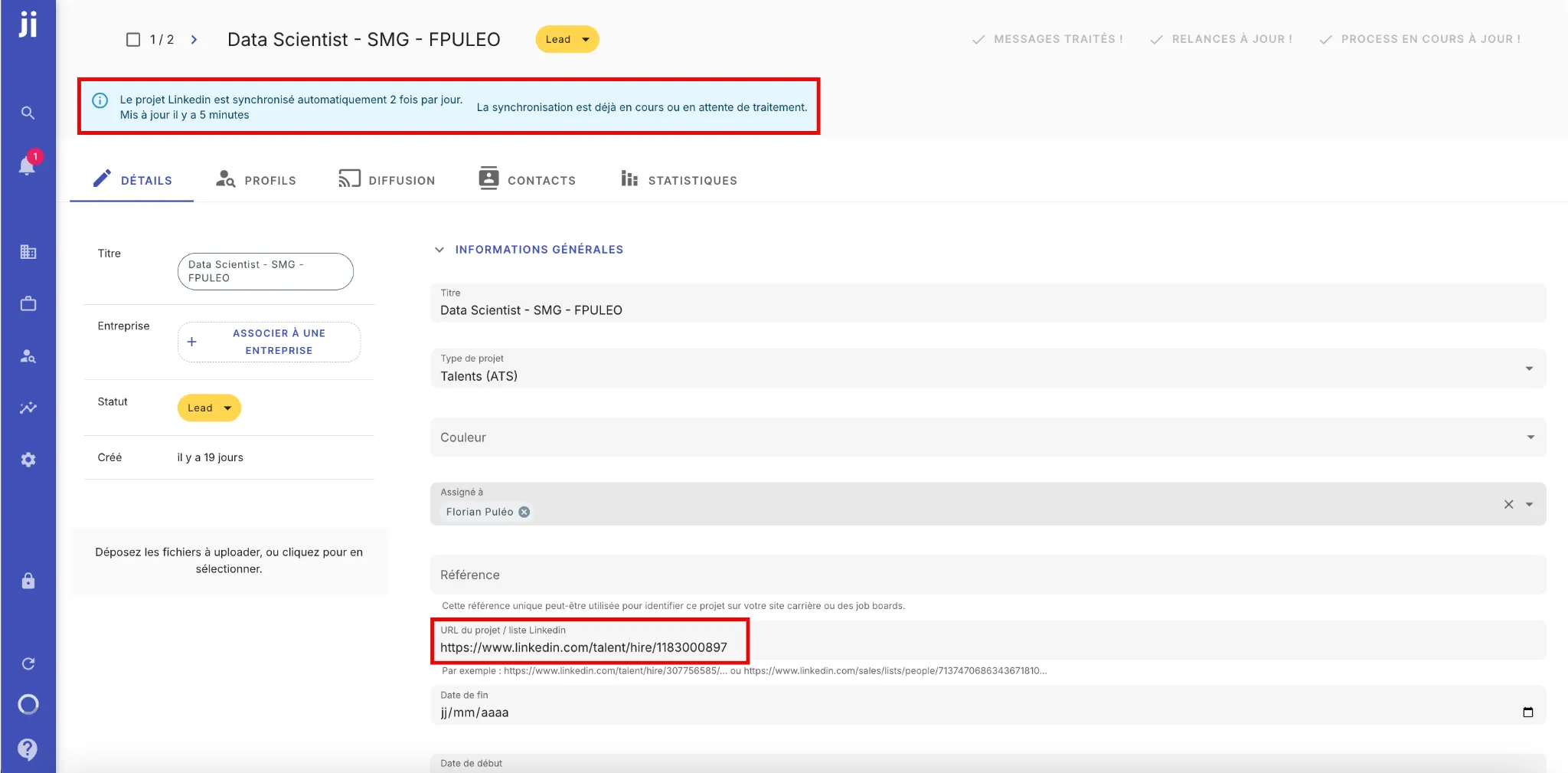 Manually synchronize a LinkedIn Recruiter project in Jarvi using a URL