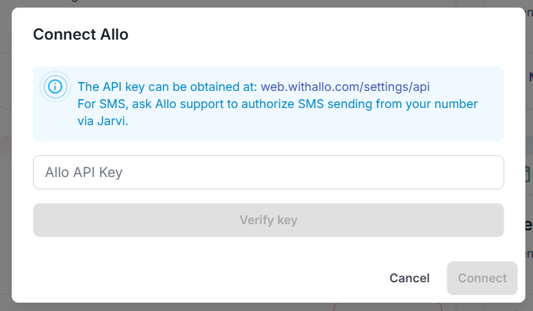 Allo connection dialog with API key field and instructions