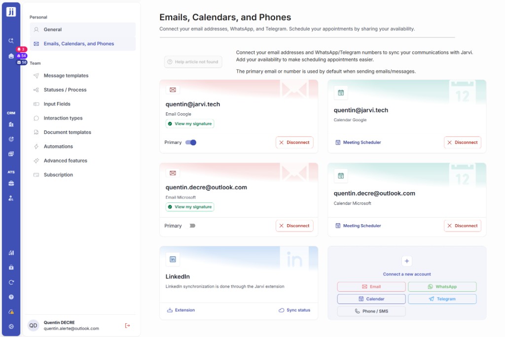 Emails, Calendars, and Phones settings page with the Phone / SMS button
