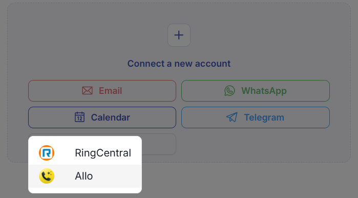 Menu déroulant Téléphone / SMS montrant les options RingCentral et Allo