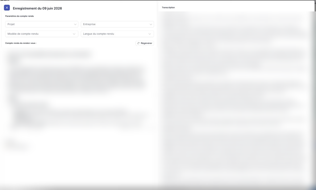 Vue détaillée de l'enregistrement avec transcription et bouton Régénérer