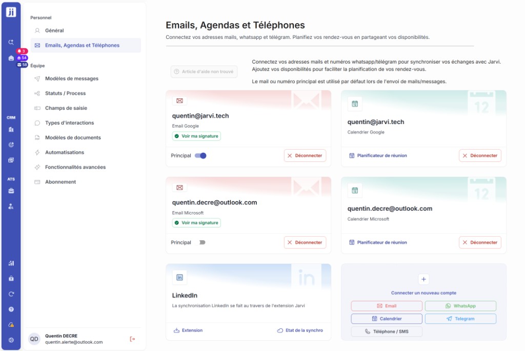 Page Emails, Agendas et Téléphones avec le bouton Téléphone / SMS